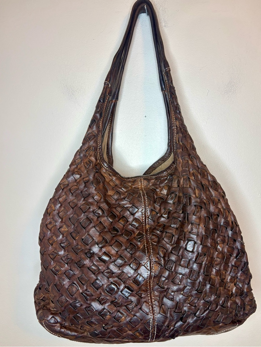 Langellotti Italy Brown Woven Leather Oversized Hobo Shoulder Bag Tote